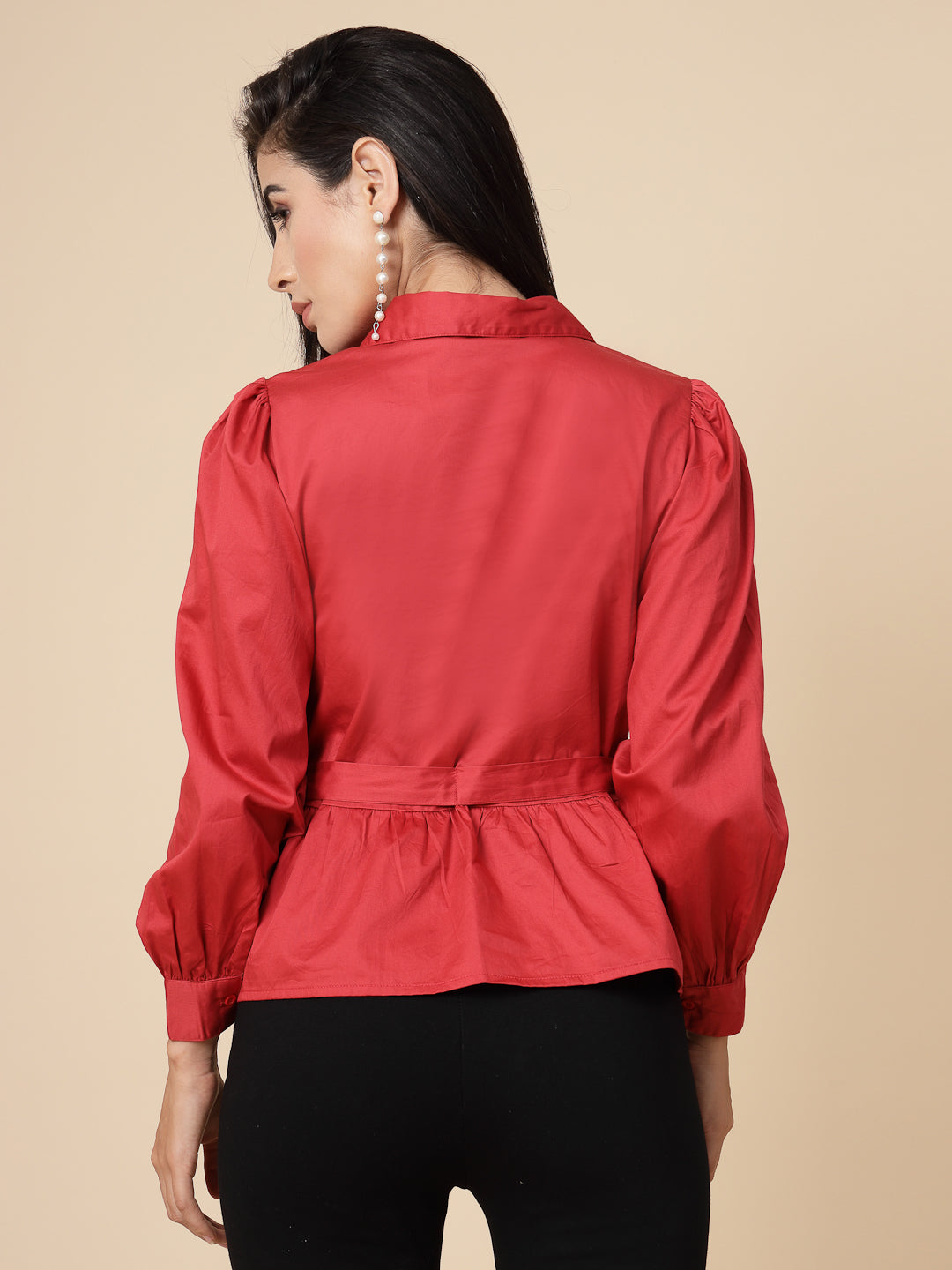 Gipsy Women Red Solid Cotton Bishop Full Sleeve Collared Frill Neck Top