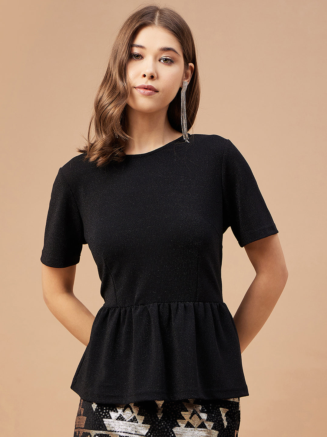 Gipsy Women Black Solid Polyester Bishop Sleeve Round Neck Blouse