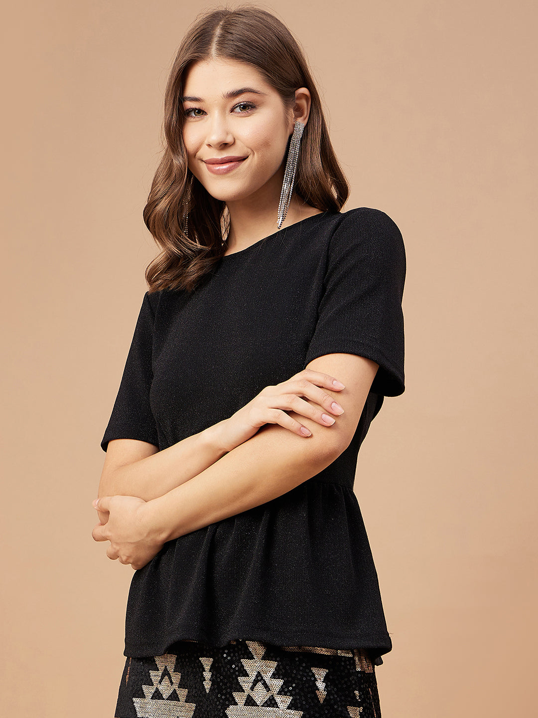 Gipsy Women Black Solid Polyester Bishop Sleeve Round Neck Blouse