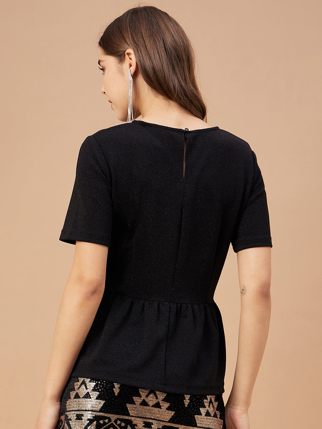 Gipsy Women Black Solid Polyester Bishop Sleeve Round Neck Blouse
