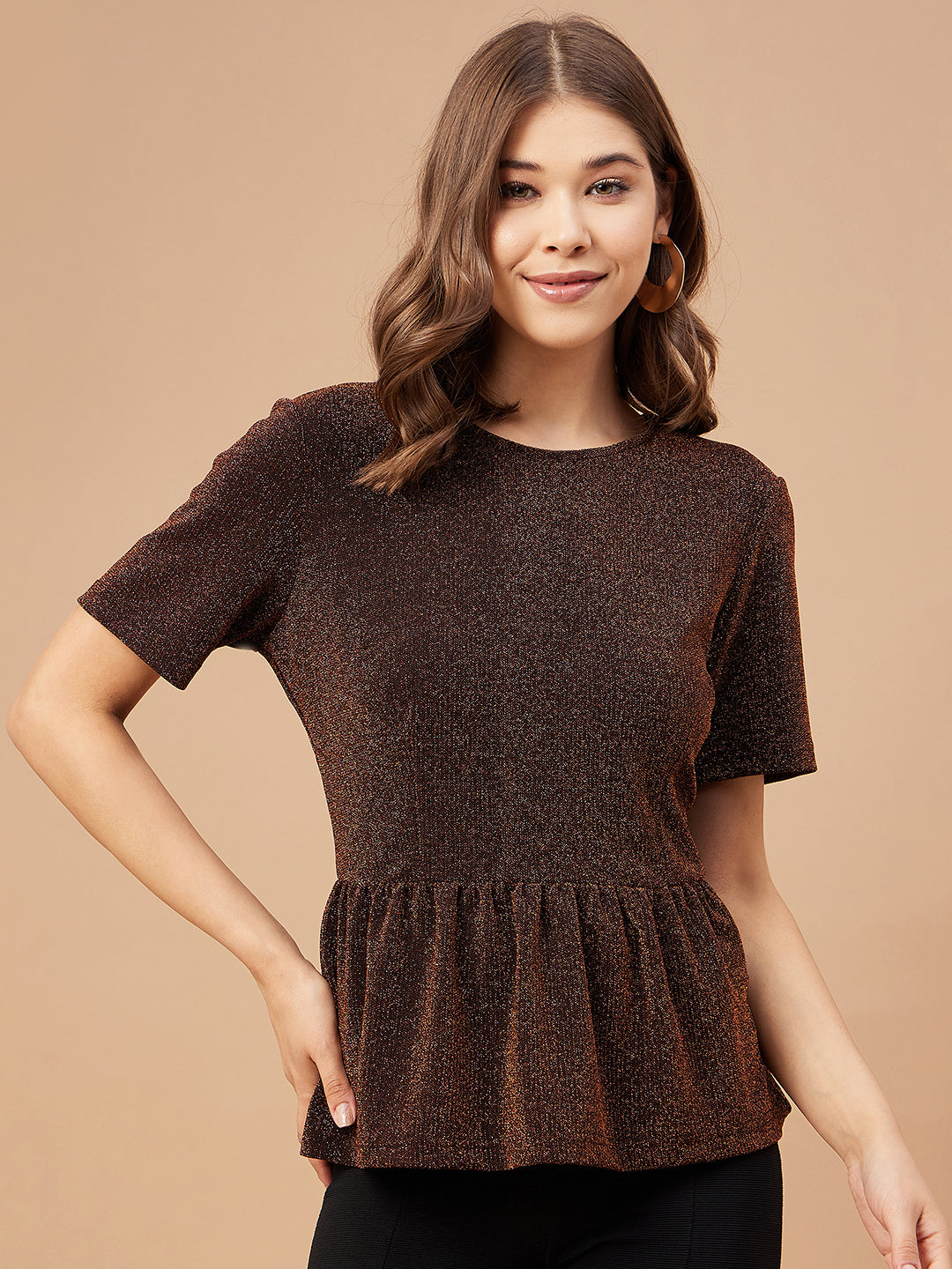 Gipsy Women Copper Solid Polyester Bishop Sleeve Round Neck Blouse