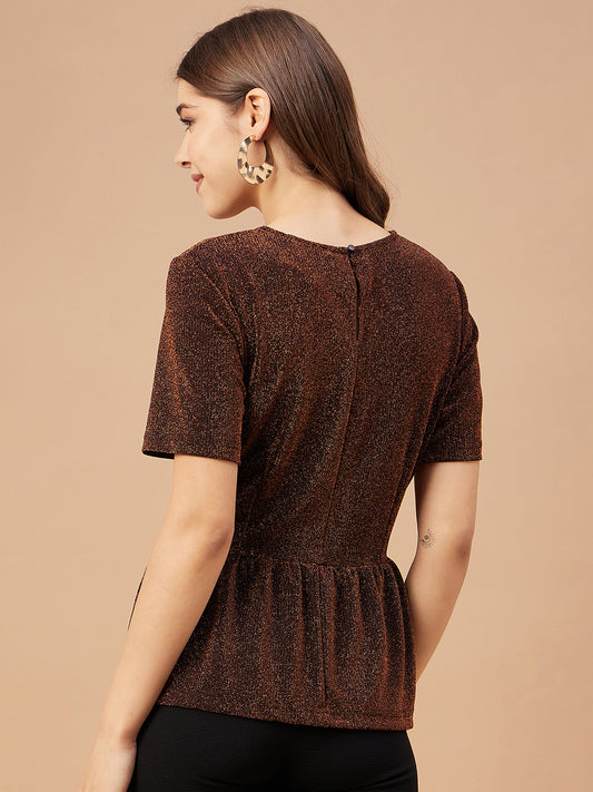 Gipsy Women Copper Solid Polyester Bishop Sleeve Round Neck Blouse