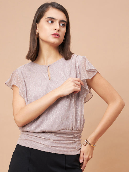 Gipsy Women Round Neck Ruffle Sleeveless  Polyester Fabric Champagne Tops