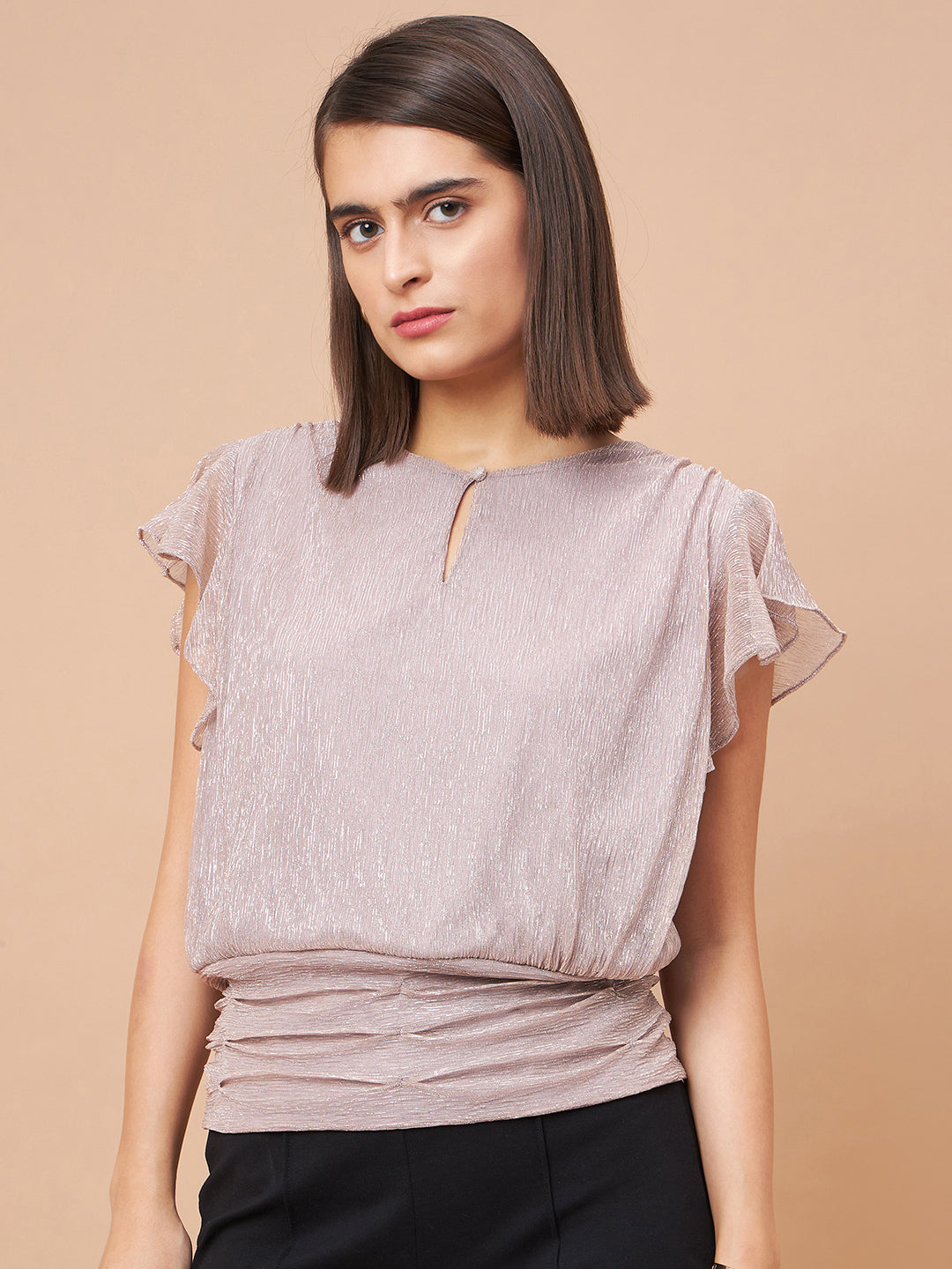 Gipsy Women Round Neck Ruffle Sleeveless  Polyester Fabric Champagne Tops