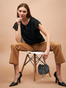 Gipsy Women French Navy Solid Polyester Flutter Sleeve Round Neck Blouse