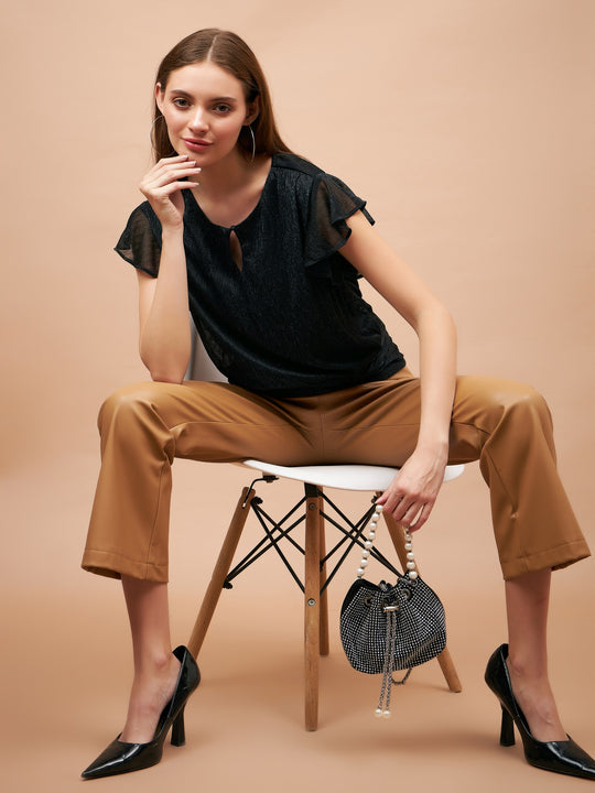 Gipsy Women French Navy Solid Polyester Flutter Sleeve Round Neck Blouse