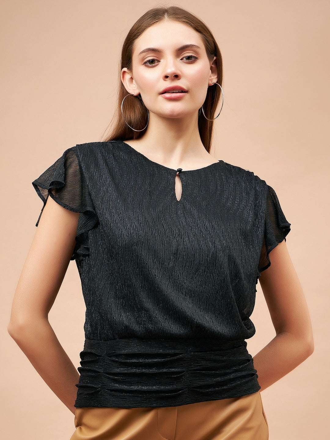 Gipsy Women French Navy Solid Polyester Flutter Sleeve Round Neck Blouse