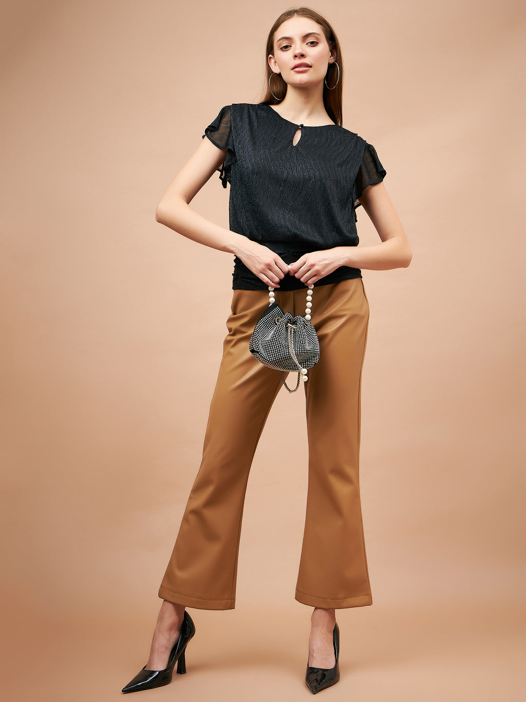 Gipsy Women French Navy Solid Polyester Flutter Sleeve Round Neck Blouse