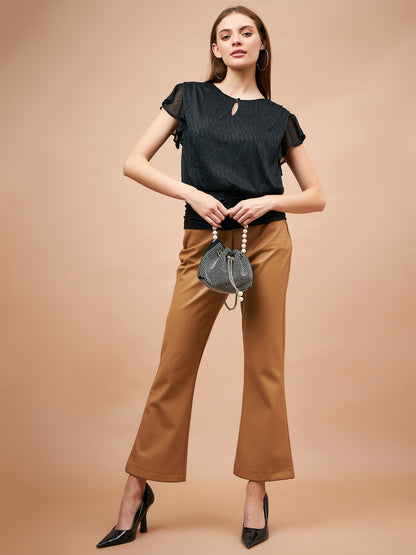 Gipsy Women French Navy Solid Polyester Flutter Sleeve Round Neck Blouse