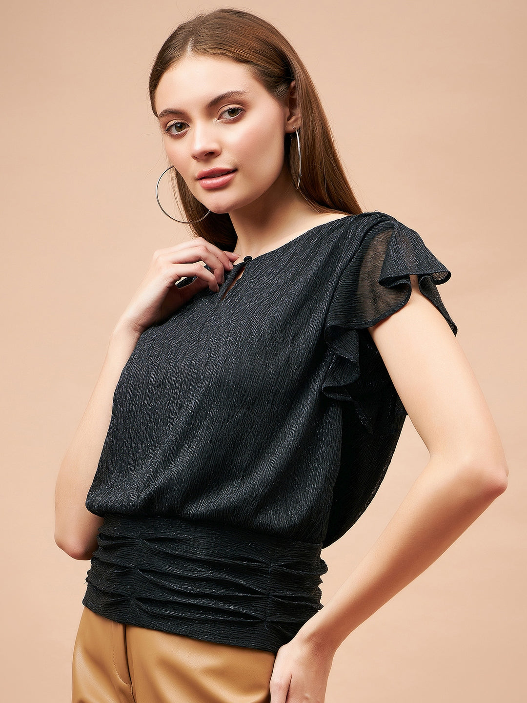 Gipsy Women French Navy Solid Polyester Flutter Sleeve Round Neck Blouse
