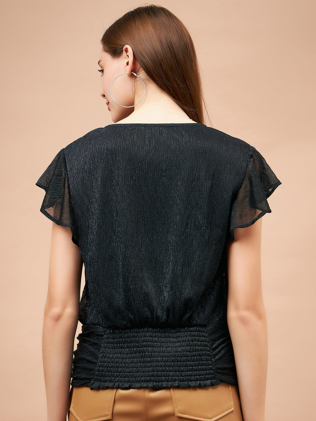Gipsy Women French Navy Solid Polyester Flutter Sleeve Round Neck Blouse