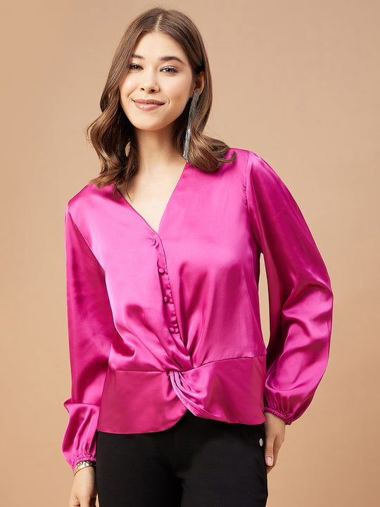 Gipsy Women Pink Orchit Solid Satin Bishop Sleeve Crew Neck Blouse