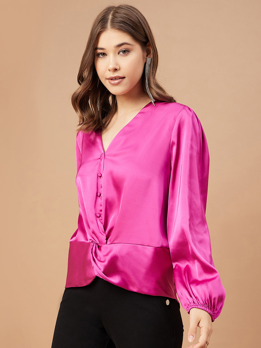 Gipsy Women Pink Orchit Solid Satin Bishop Sleeve Crew Neck Blouse