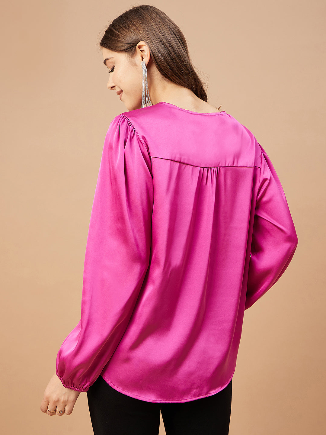 Gipsy Women Pink Orchit Solid Satin Bishop Sleeve Crew Neck Blouse