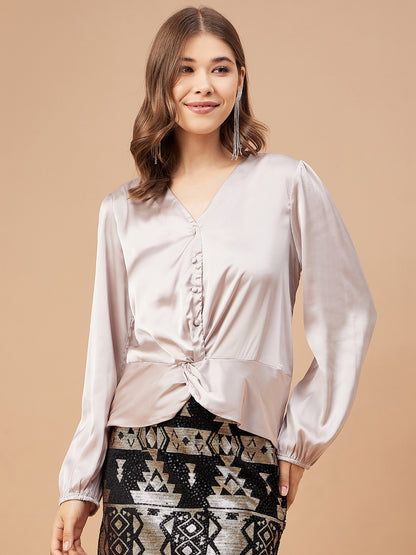Gipsy Women Beige Solid Satin Bishop Sleeve Crew Neck Blouse