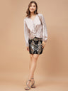Gipsy Women Beige Solid Satin Bishop Sleeve Crew Neck Blouse