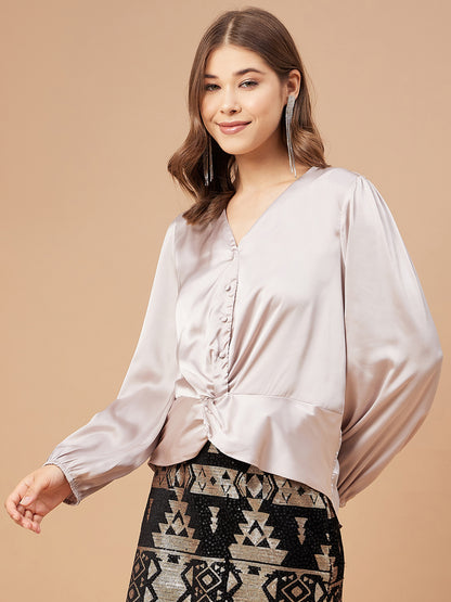Gipsy Women Beige Solid Satin Bishop Sleeve Crew Neck Blouse