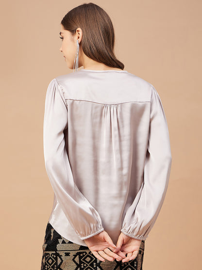 Gipsy Women Beige Solid Satin Bishop Sleeve Crew Neck Blouse