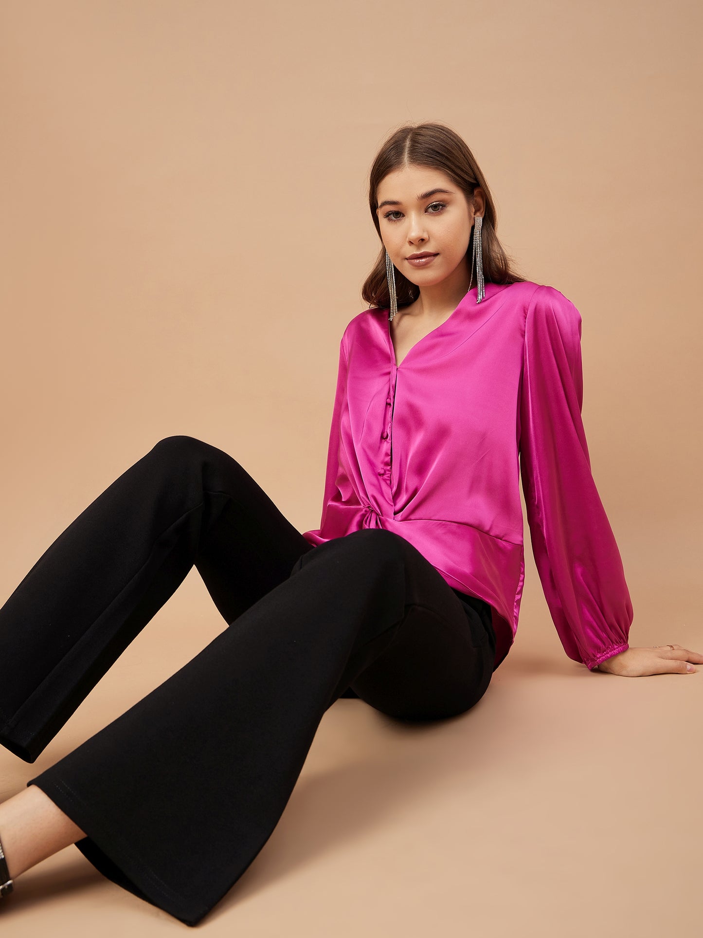 Gipsy Women Pink Orchit Solid Satin Bishop Sleeve Crew Neck Blouse