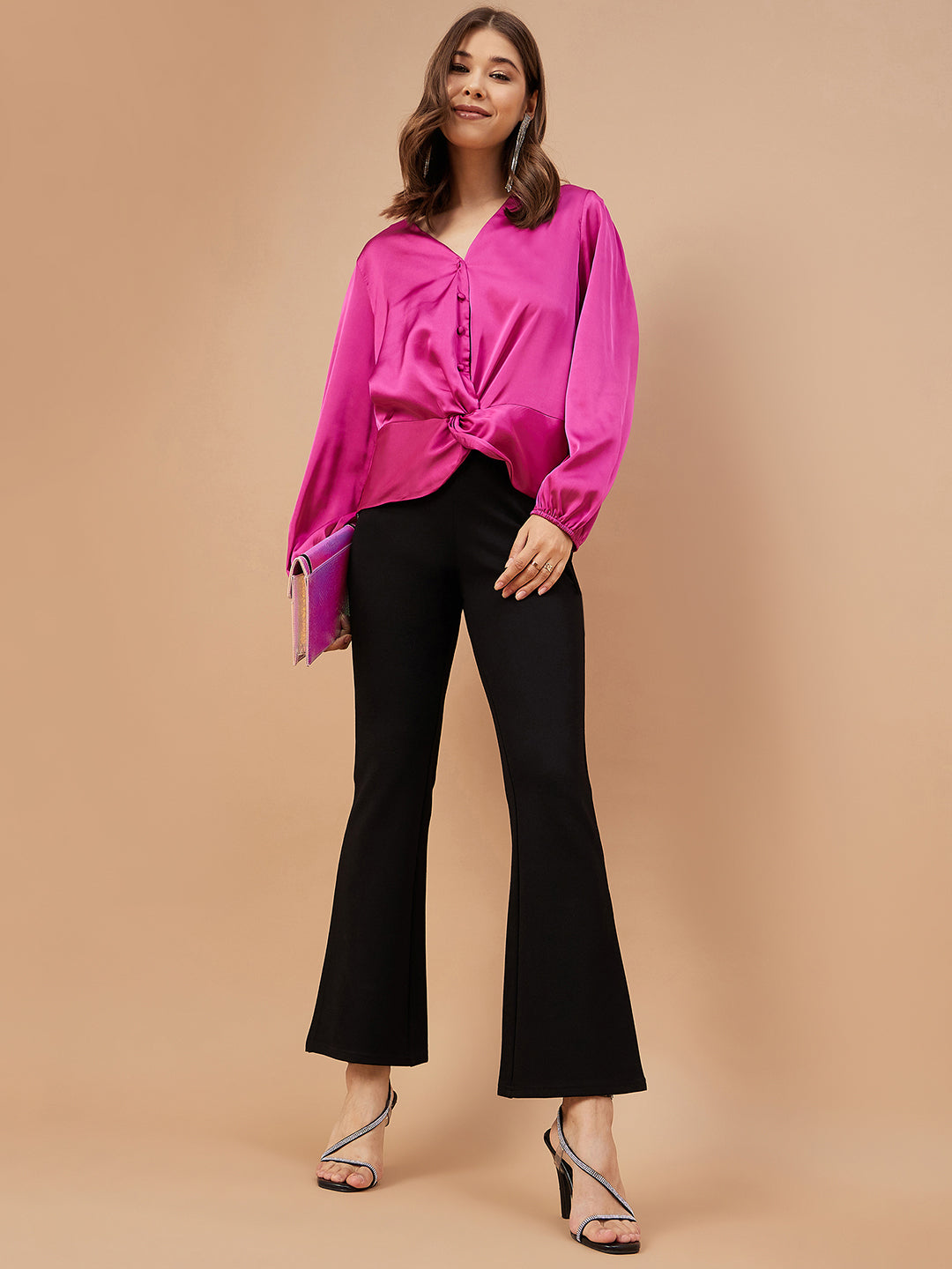 Gipsy Women Pink Orchit Solid Satin Bishop Sleeve Crew Neck Blouse