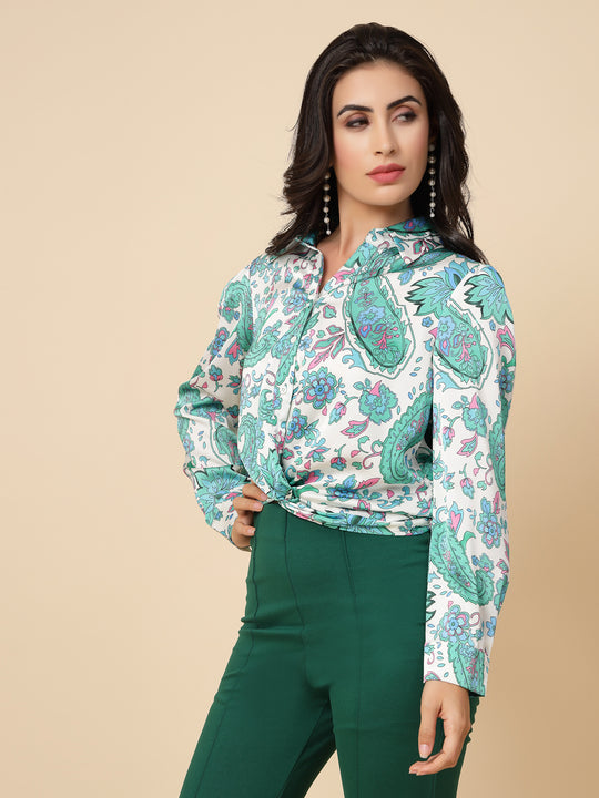 Gipsy Women Green Printed Satin Bishop Full Sleeve Collared Neck Top