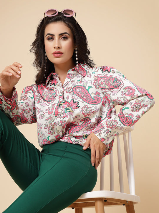 Gipsy Women Pink Printed Satin Bishop Full Sleeve Collared Neck Top