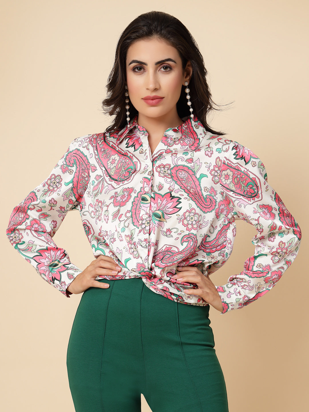 Gipsy Women Pink Printed Satin Bishop Full Sleeve Collared Neck Top