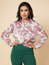 Gipsy Women Pink Printed Satin Bishop Full Sleeve Collared Neck Top