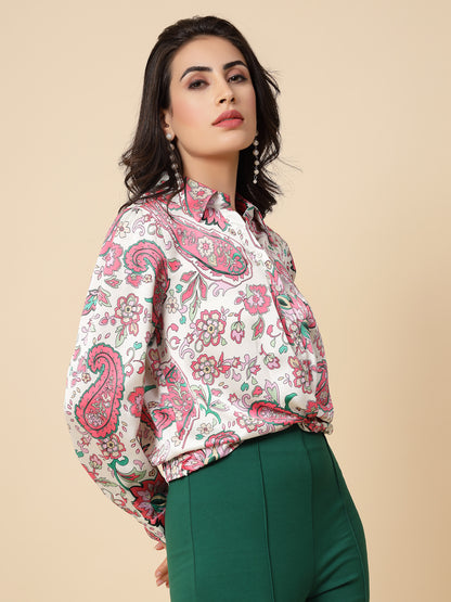 Gipsy Women Pink Printed Satin Bishop Full Sleeve Collared Neck Top