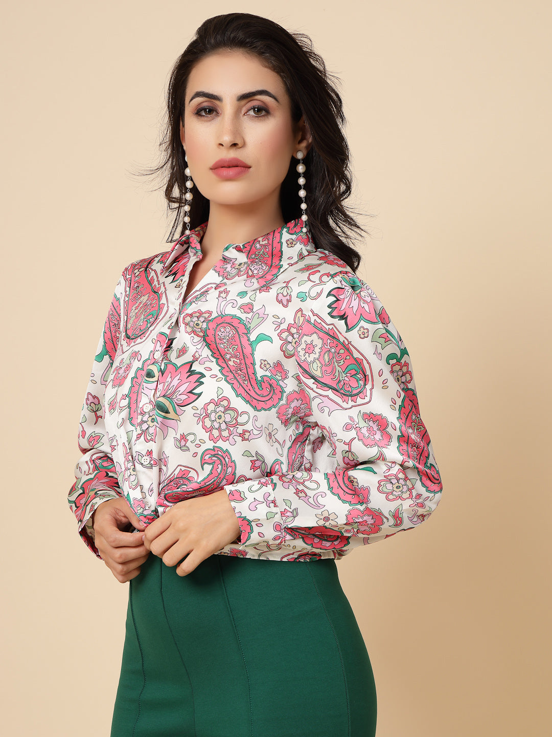 Gipsy Women Pink Printed Satin Bishop Full Sleeve Collared Neck Top