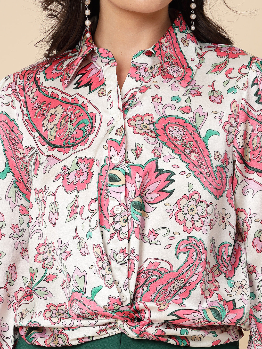 Gipsy Women Pink Printed Satin Bishop Full Sleeve Collared Neck Top