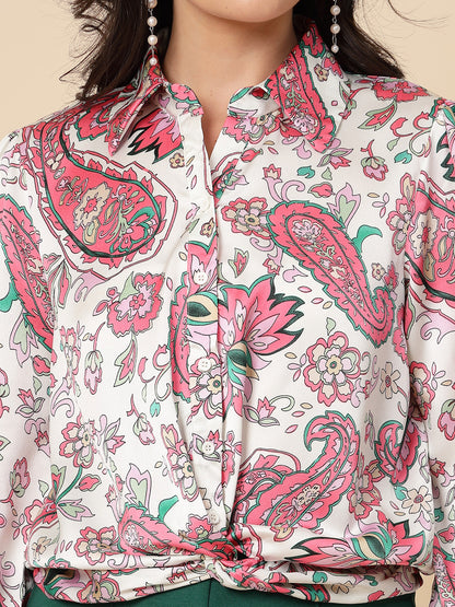 Gipsy Women Pink Printed Satin Bishop Full Sleeve Collared Neck Top