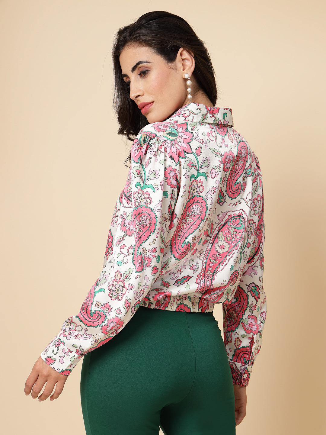 Gipsy Women Pink Printed Satin Bishop Full Sleeve Collared Neck Top