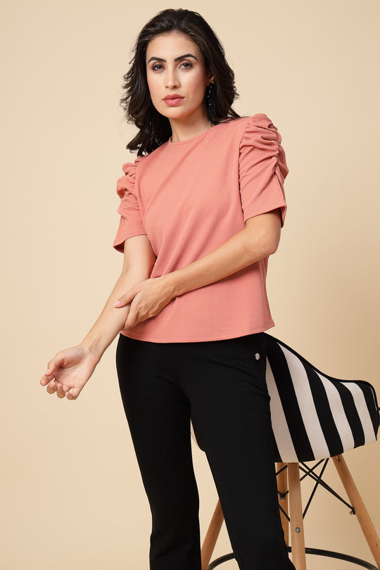 Gipsy Women Pink Clay Solid Polyster Puffed Half Sleeve Crew Neck Top