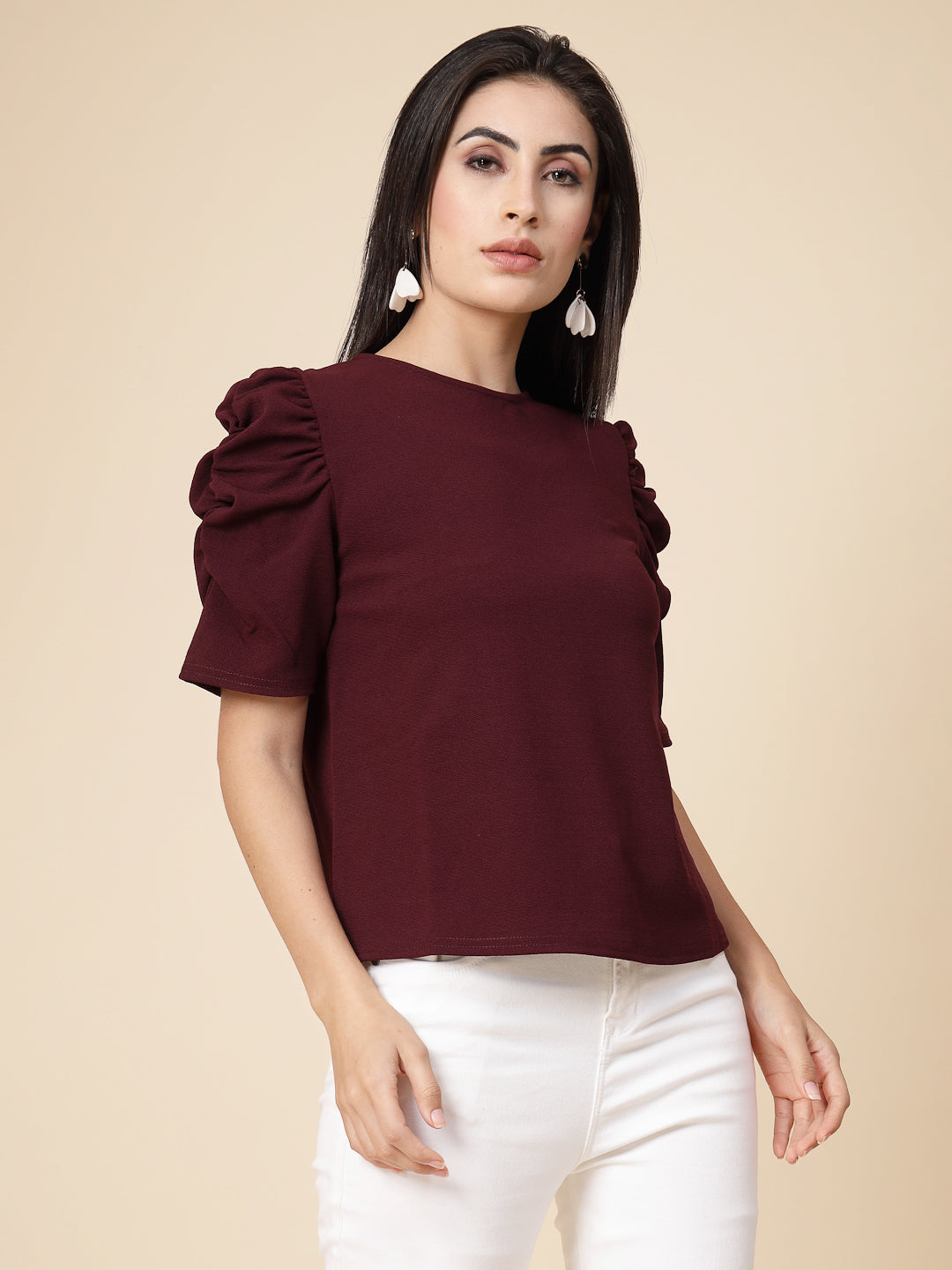 Gipsy Women Wine Solid Polyster Puffed Half Sleeve Crew Neck Top