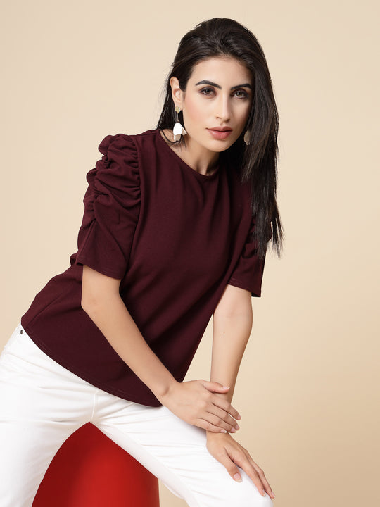 Gipsy Women Wine Solid Polyster Puffed Half Sleeve Crew Neck Top