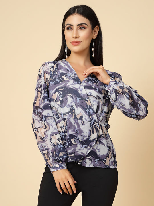 Gipsy Women Blue Printed Georgette Lantern Full Sleeve V Neck Top