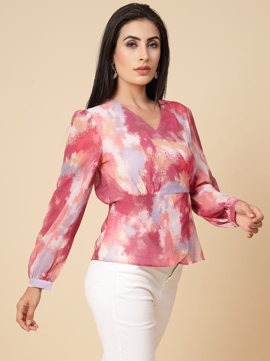Gipsy Women Pink Printed Georgette Lantern Full Sleeve V Neck Top