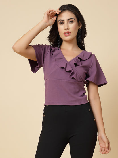 Gipsy Women Purple Solid Polyster Flare Half Sleeve V Frill Neck Top