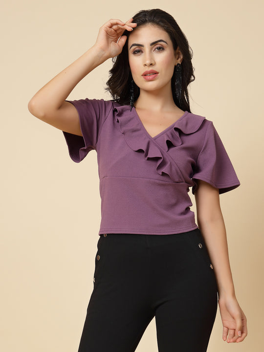 Gipsy Women Purple Solid Polyster Flare Half Sleeve V Frill Neck Top