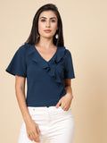 Gipsy Women Teal Solid Polyster Flare Half Sleeve V Frill Neck Top
