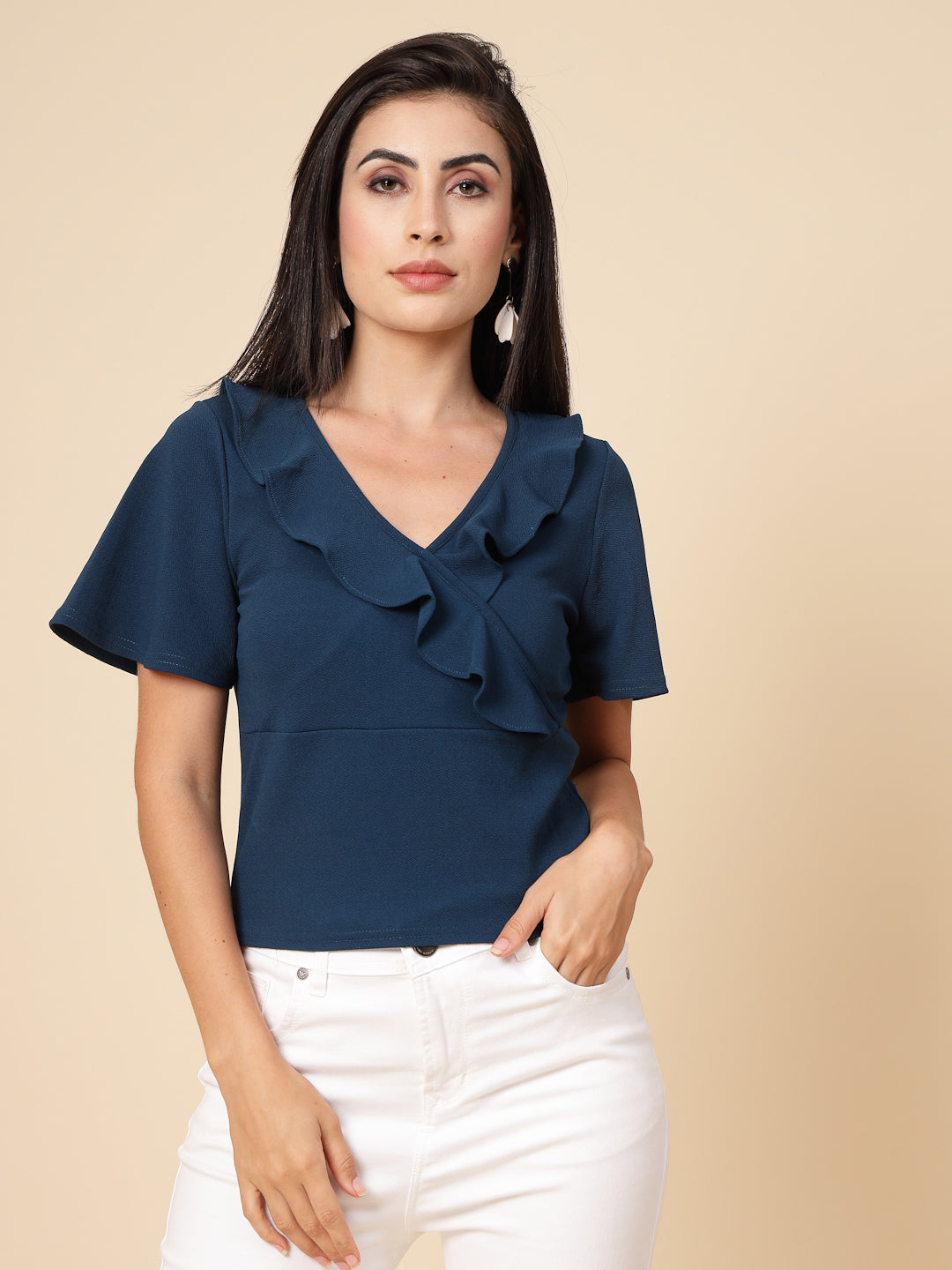 Gipsy Women Teal Solid Polyster Flare Half Sleeve V Frill Neck Top