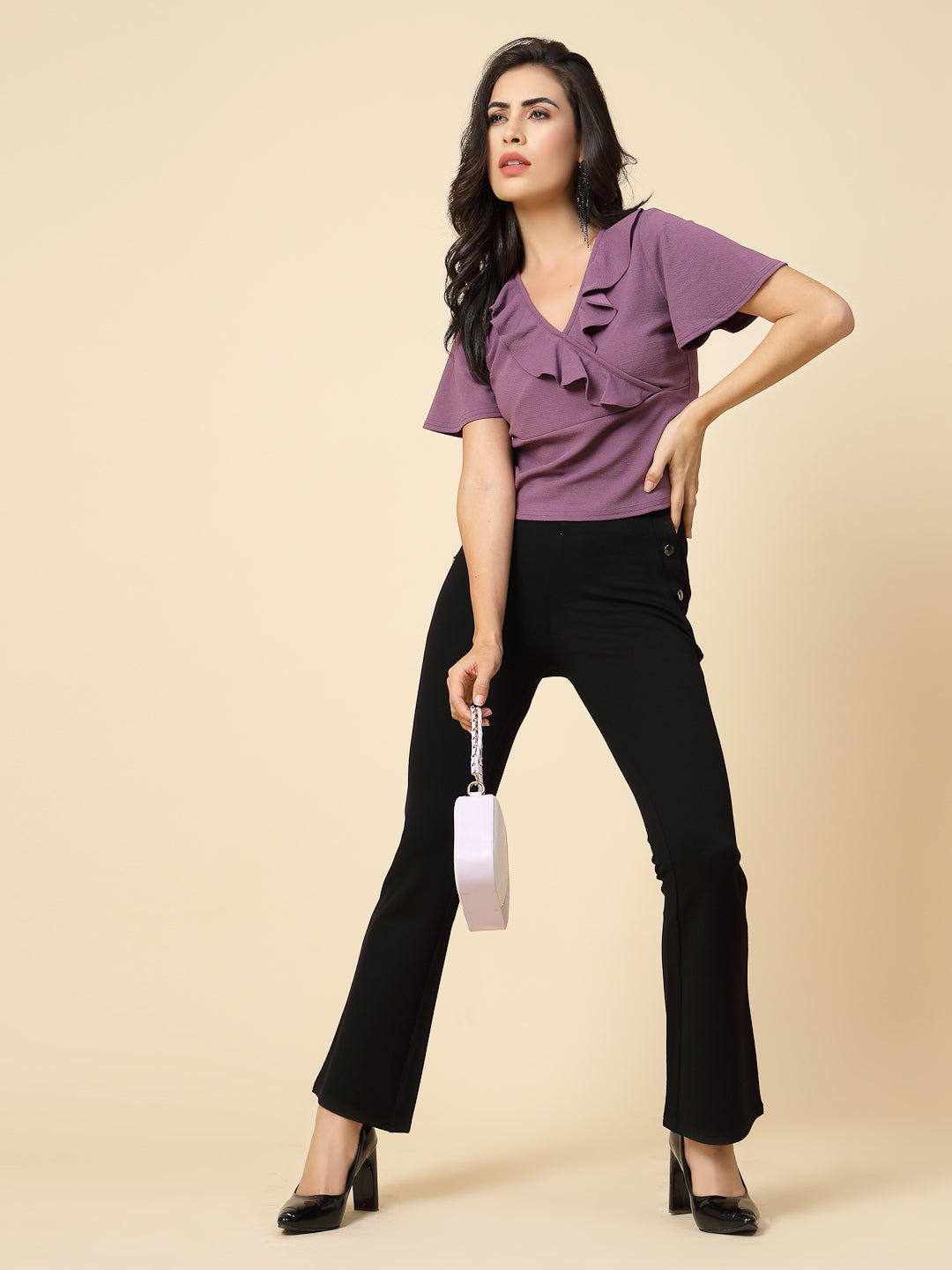 Gipsy Women Purple Solid Polyster Flare Half Sleeve V Frill Neck Top