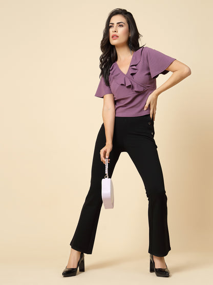 Gipsy Women Purple Solid Polyster Flare Half Sleeve V Frill Neck Top