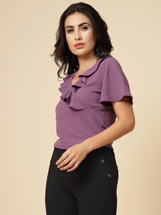 Gipsy Women Purple Solid Polyster Flare Half Sleeve V Frill Neck Top