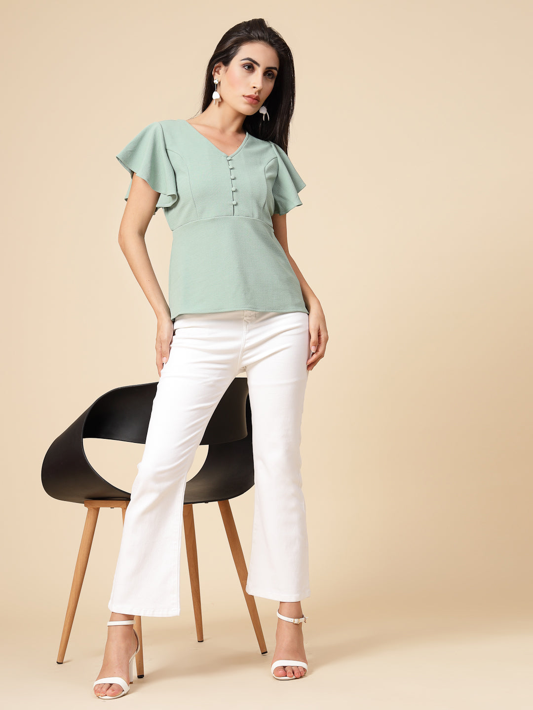 Gipsy Women Sage Solid Polyster Flare Half Sleeve V Neck Top