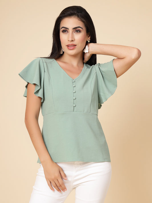 Gipsy Women Sage Solid Polyster Flare Half Sleeve V Neck Top