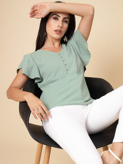 Gipsy Women Sage Solid Polyster Flare Half Sleeve V Neck Top