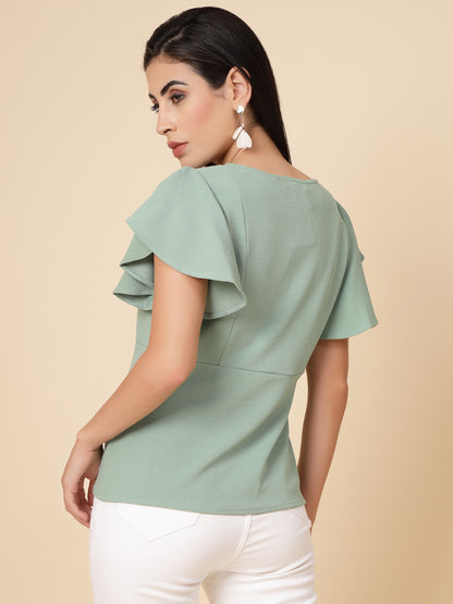 Gipsy Women Sage Solid Polyster Flare Half Sleeve V Neck Top