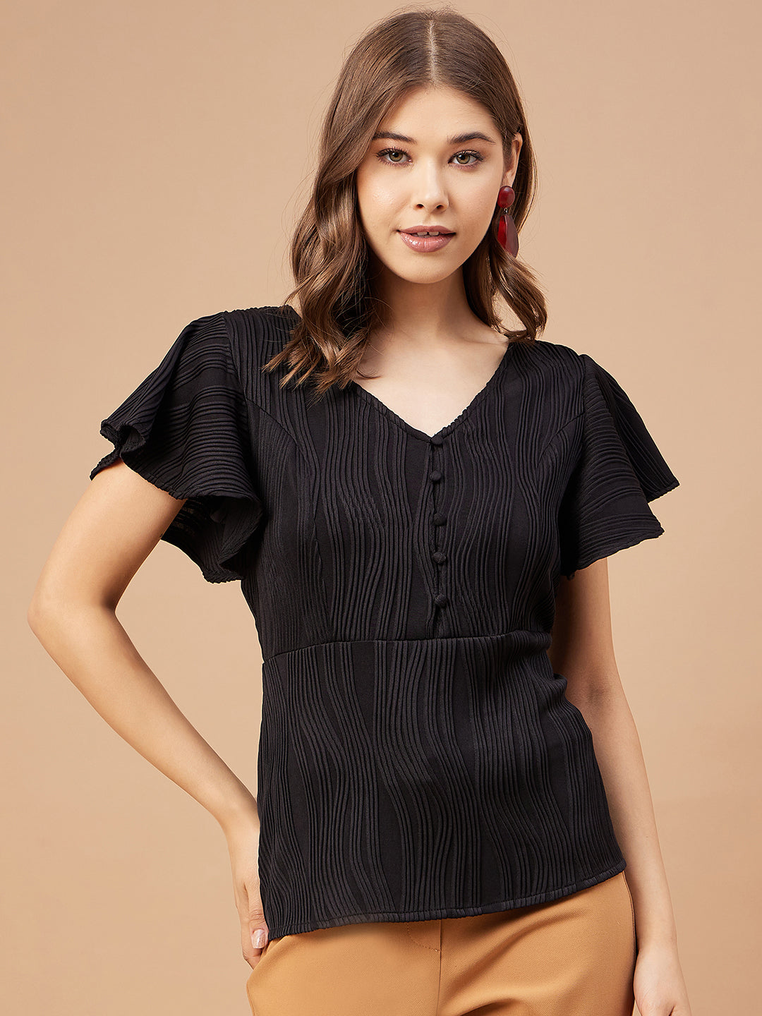 Gipsy Women Black Solid Polyester Flutter Sleeve V Neck Blouse